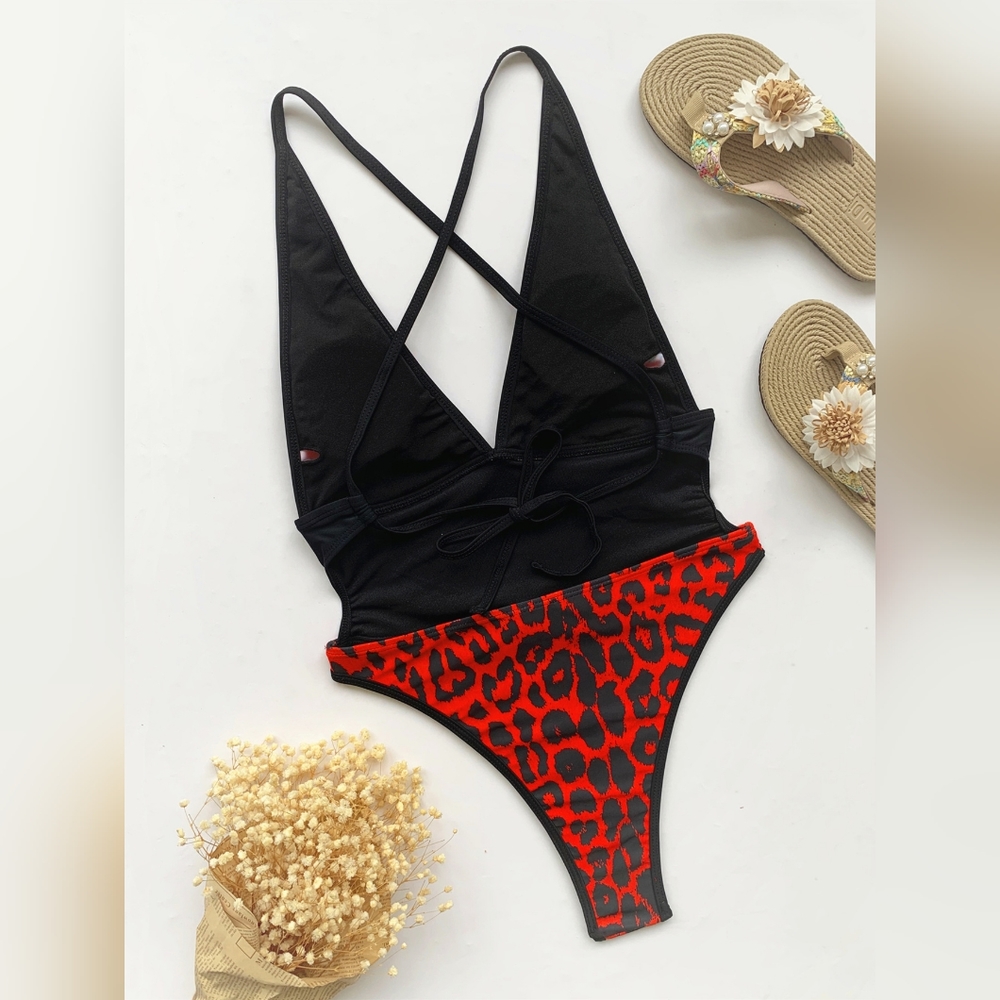 Red Leopard One Piece Monokini Swimsuit - Picture 4 of 7